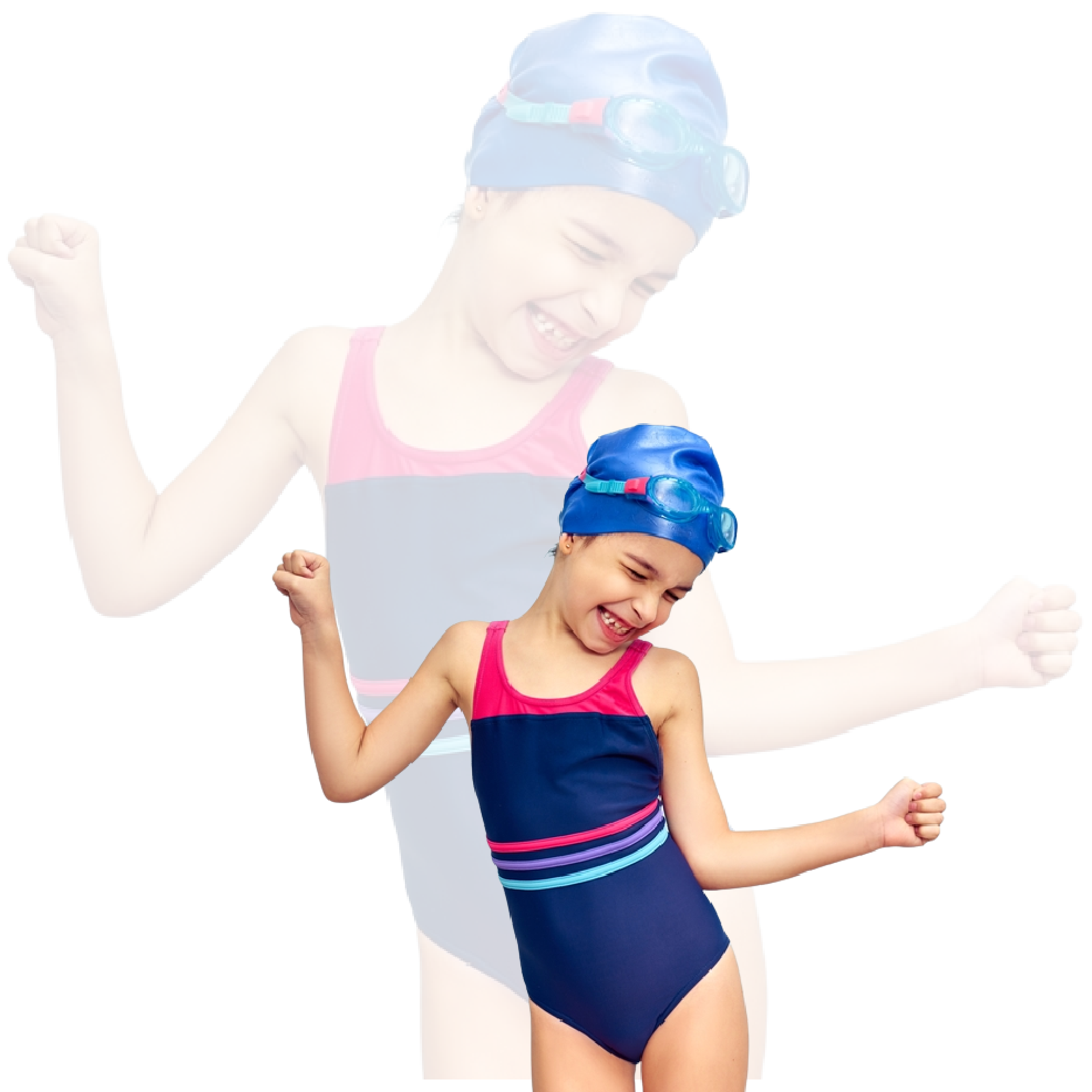 A little girl wearing a swimsuit and a swim cap