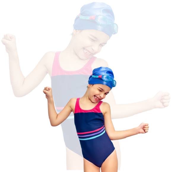 A little girl wearing a swimsuit and a swim cap