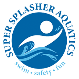 The logo for super splasher aquatics shows a person swimming in the water