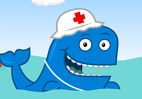 A blue whale wearing a white hat with a red cross on it