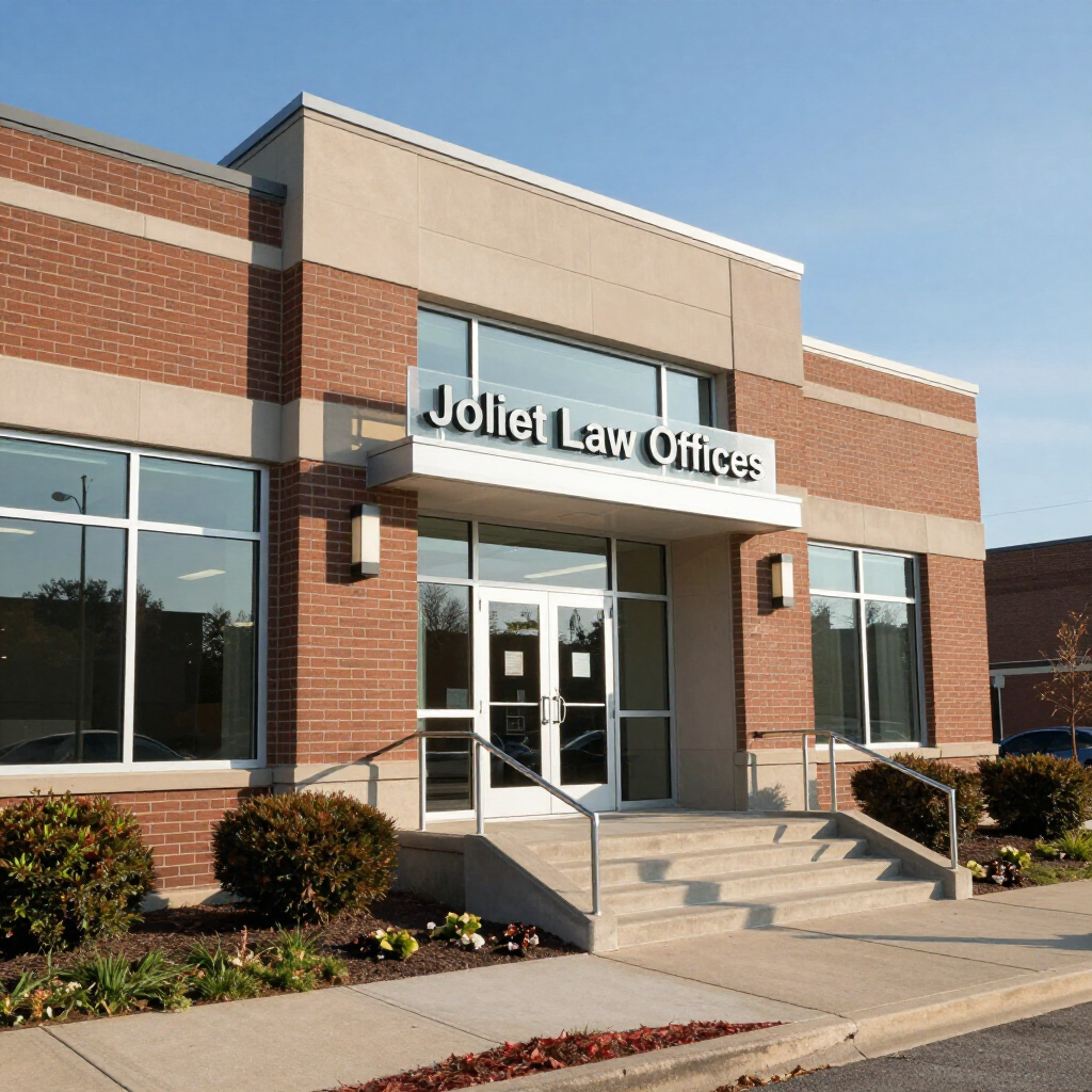 Modern brick building labeled Joliet Law Offices with a front entrance, glass doors, and steps.