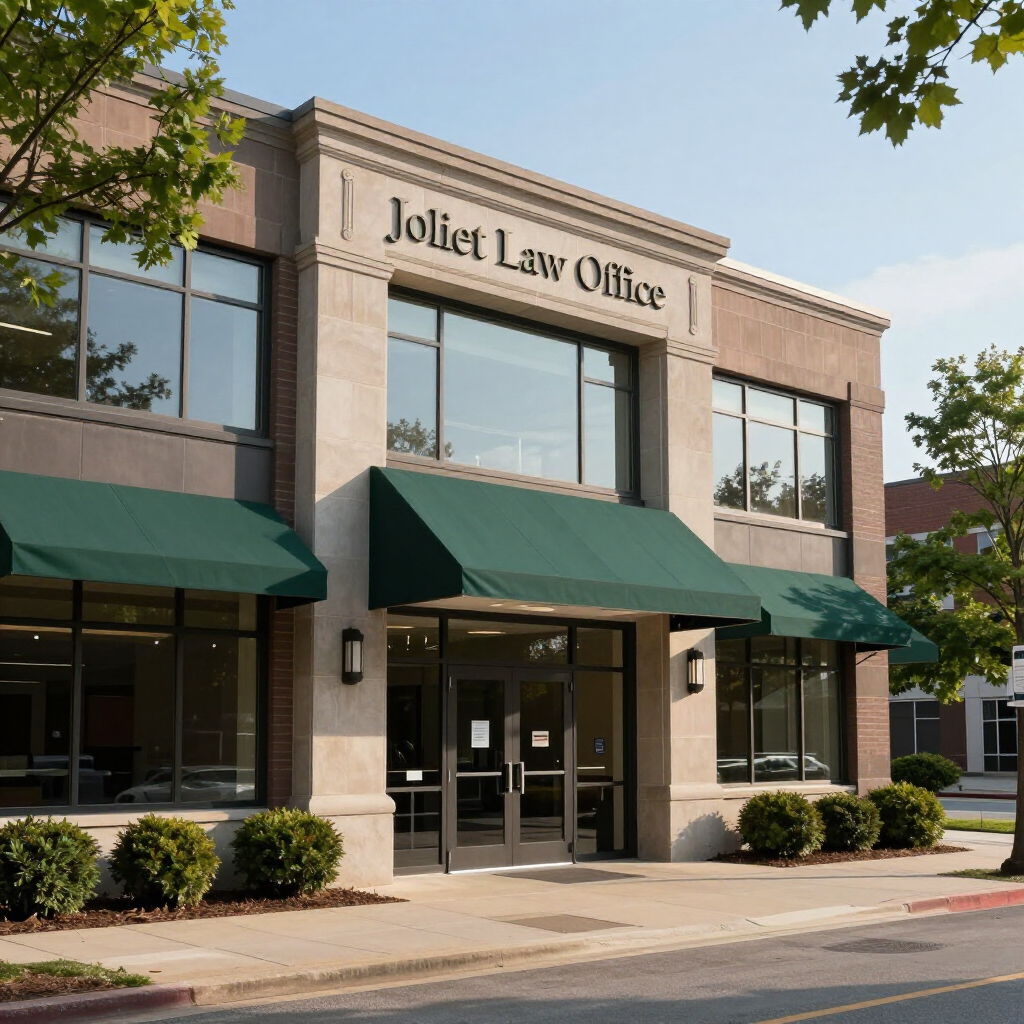 Two-story brick Joliet Law Office building with green awnings, glass doors, and small bushes in front under a blue sky.