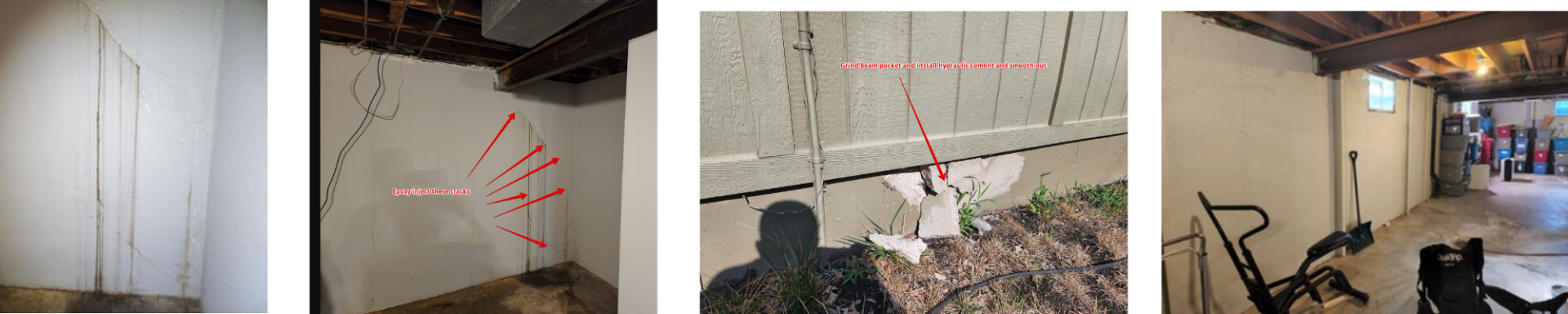 4 side-by-side photos of wall cracks both interior and exterior
