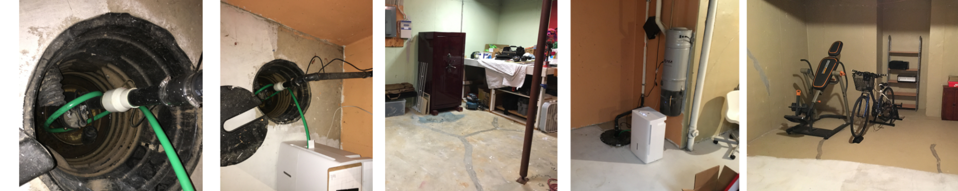 5 photos showing the sump pump being repaired and a dry basement