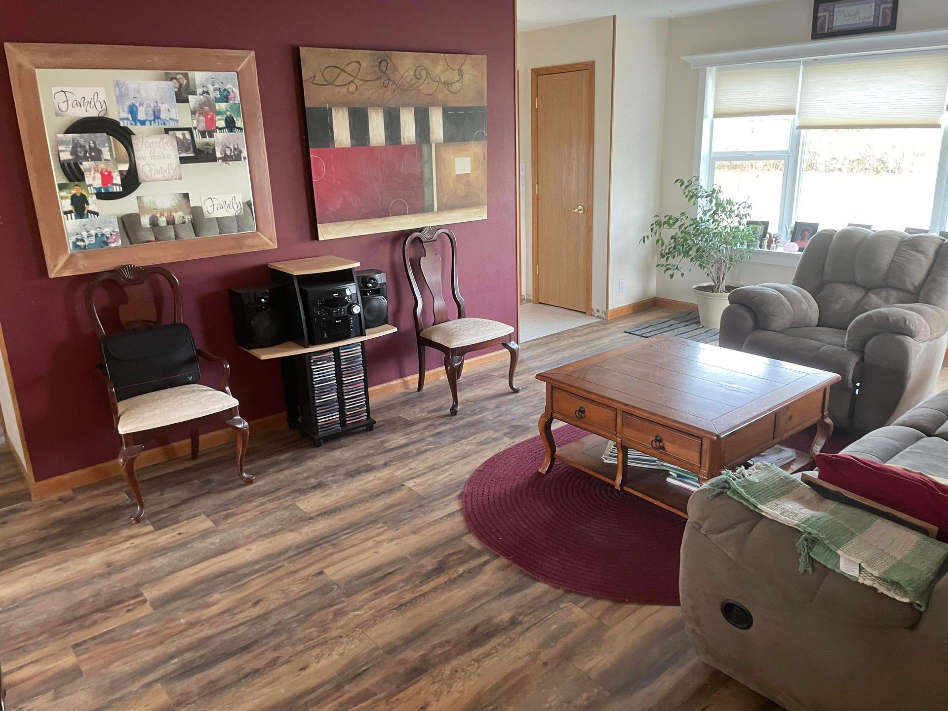 A living room filled with furniture and a coffee table.