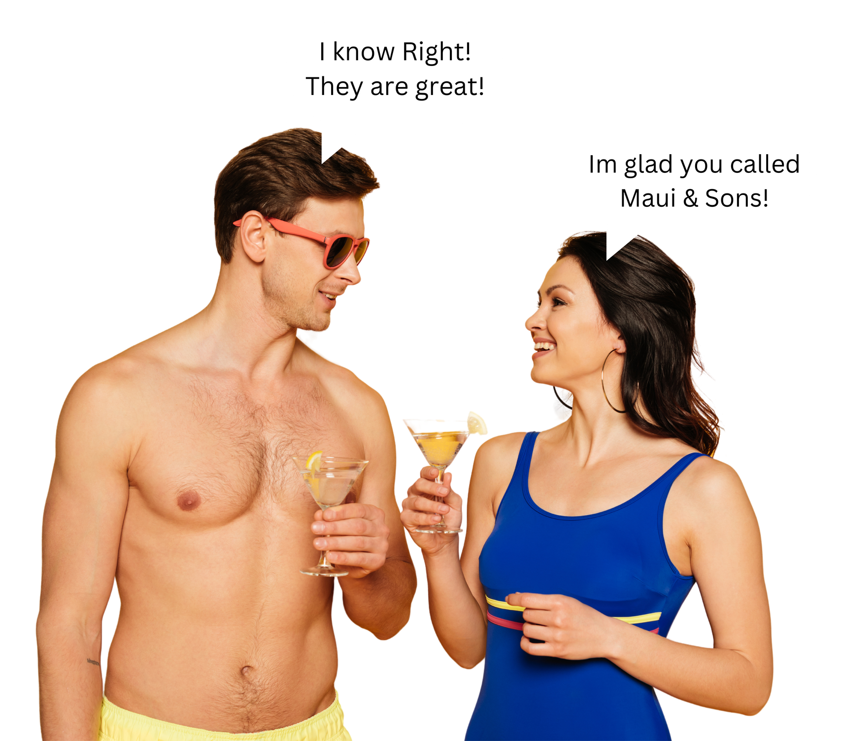 A shirtless man and a woman are holding martini glasses and talking to each other.