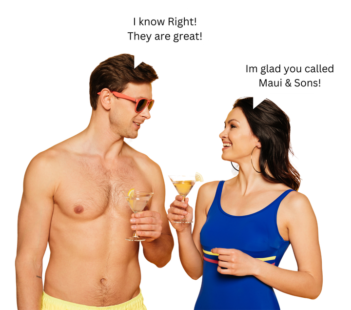 A shirtless man and a woman are holding martini glasses and talking to each other.