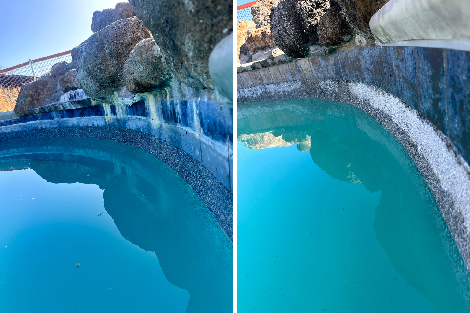 A before and after picture of a swimming pool with a waterfall.
