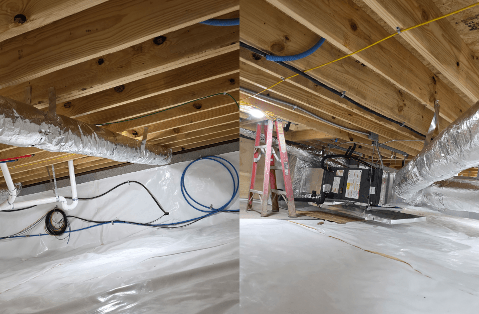 Unfinished attic with exposed beams, insulation, wiring, hoses, and construction materials on the floor.
