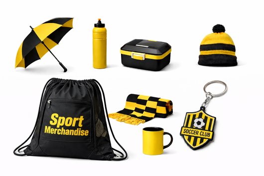 Zwart-gele sportartikelen set: paraplu, waterfles, etui, muts, sporttas met trekkoord, mok en sleutelhangertje