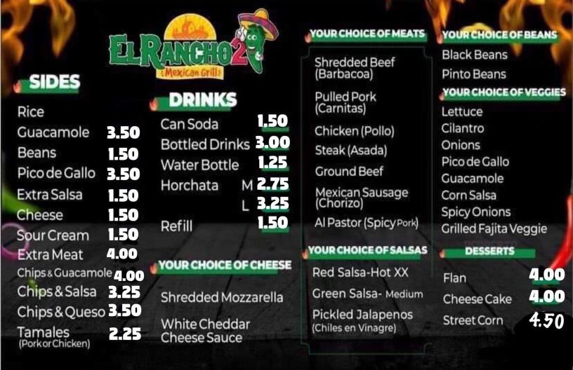 A menu for el rancho 2 shows the drinks and sides