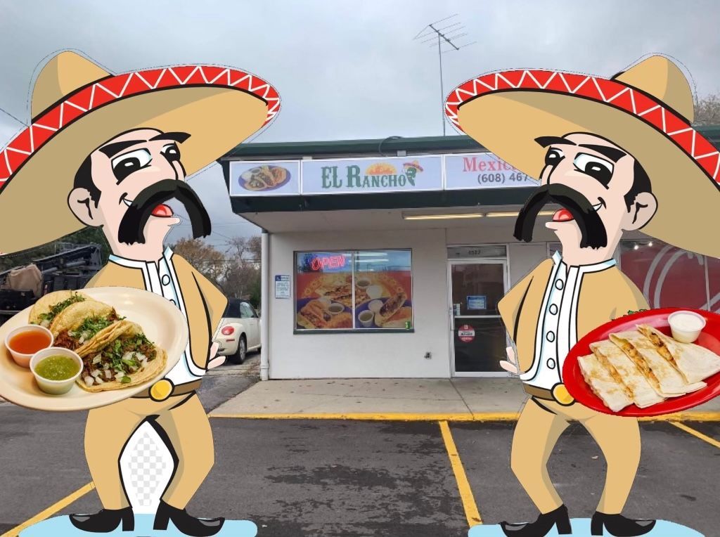 A cartoon of two men holding plates of food in front of a restaurant called el rancho