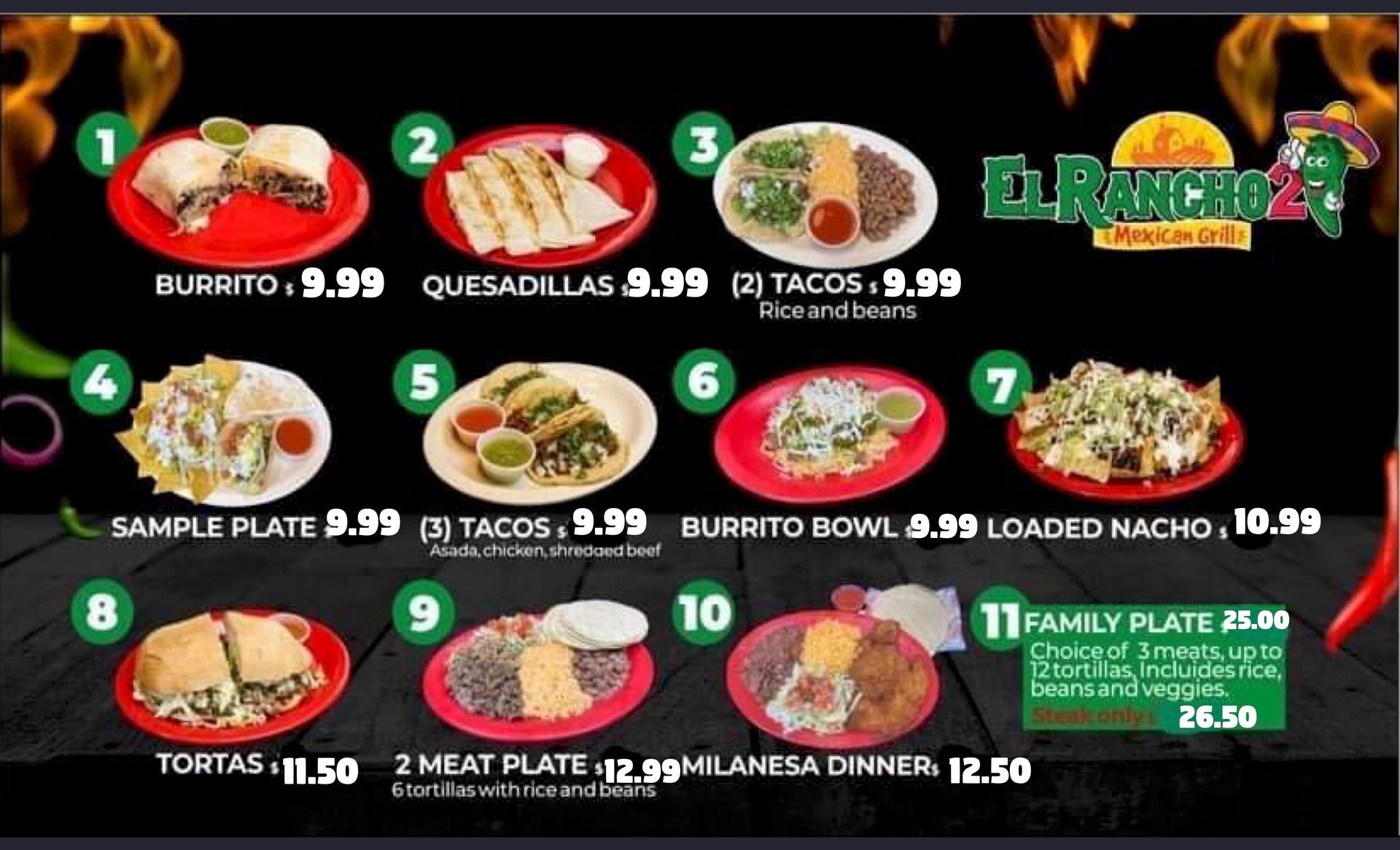 A menu for el rancho shows a variety of mexican food