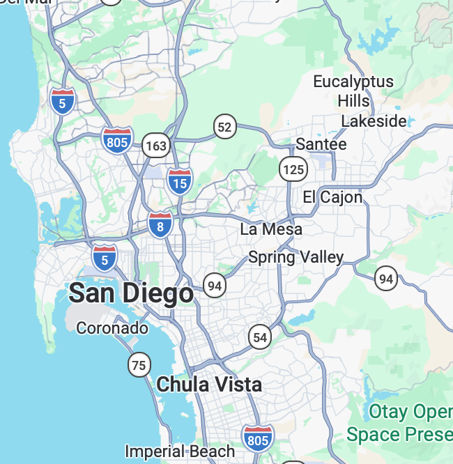 Map showing the service area of Routine Wrench being the San Diego area.