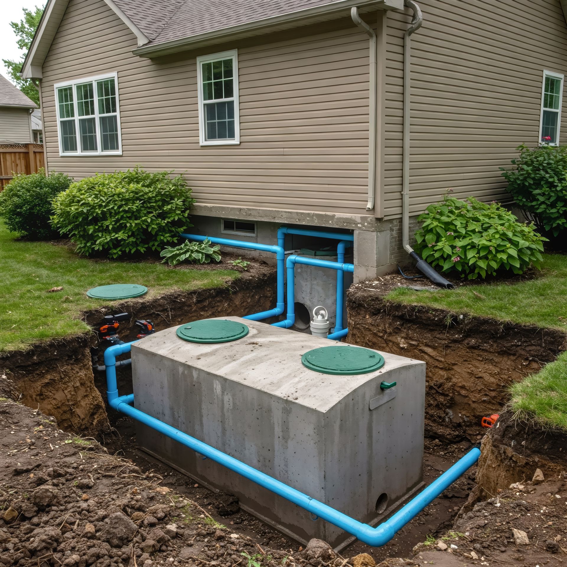 Excavator preparing ground for residential septic tank installation and drainage field.