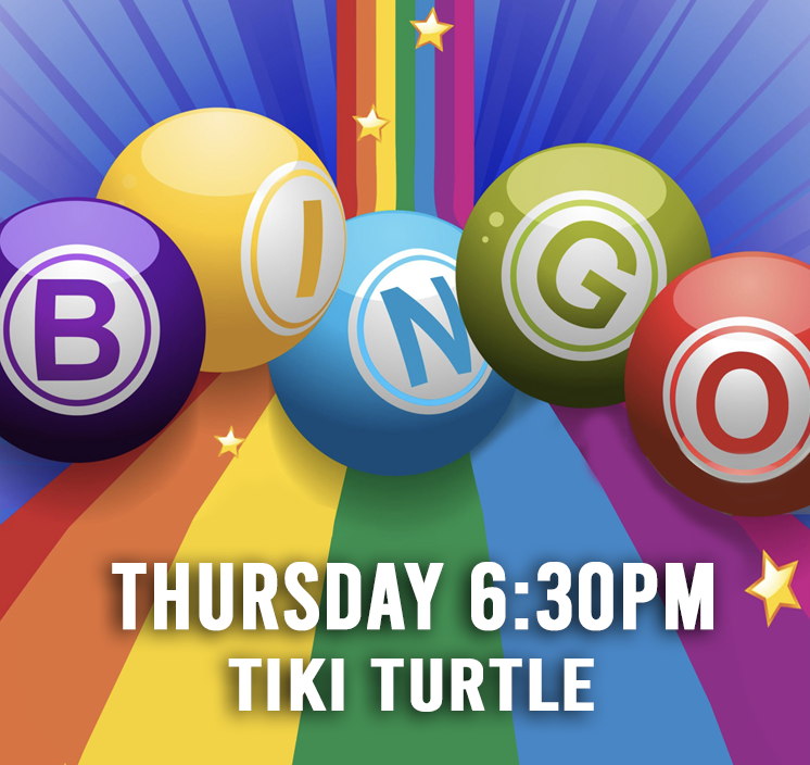 Bingo balls on a rainbow background with the date thursday 6:30 pm tiki turtle