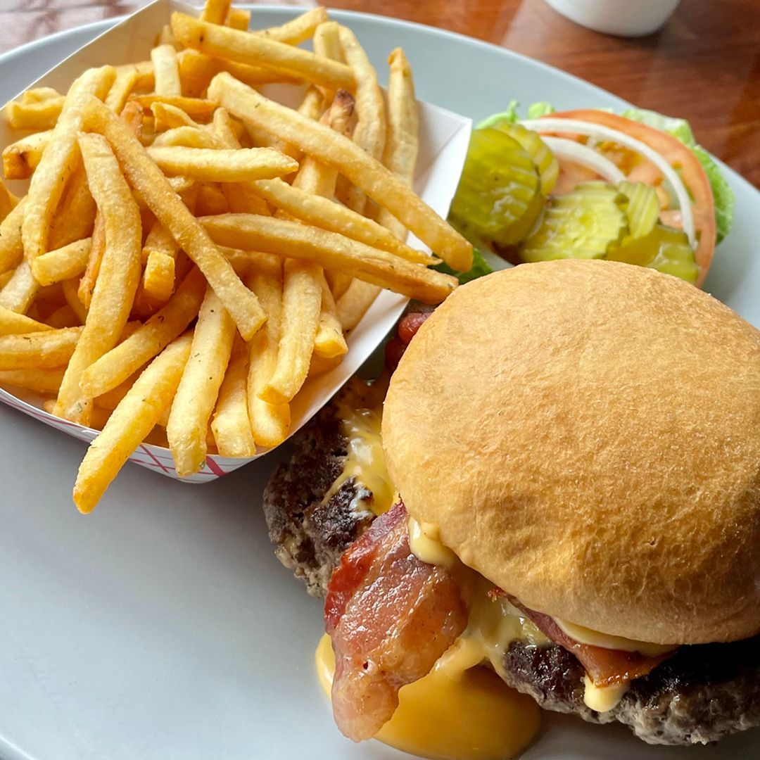 A close up of a hamburger and french fries on a plate.