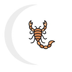 A scorpion is sitting on a crescent moon on a white background.