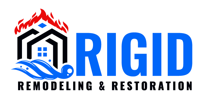 The logo for rigid remodeling and restoration is blue and red.