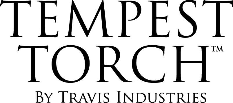 The logo for tempest torch by travis industries is black and white.