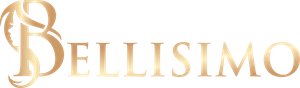 A gold logo for bellissimo on a white background.