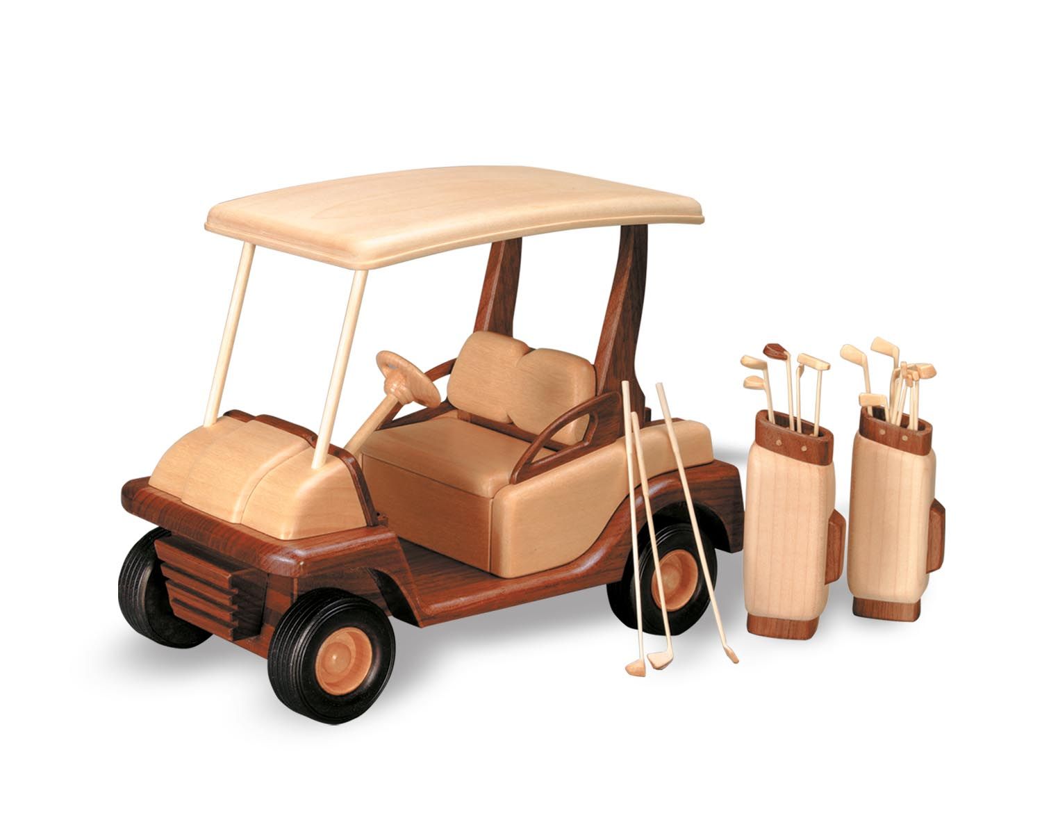 Wooden golf cart and two golf bags with golf clubs.