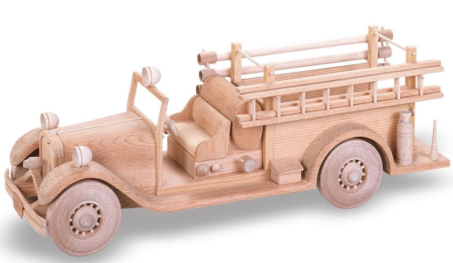 Wooden toy fire truck with ladder, detailing, and headlights.