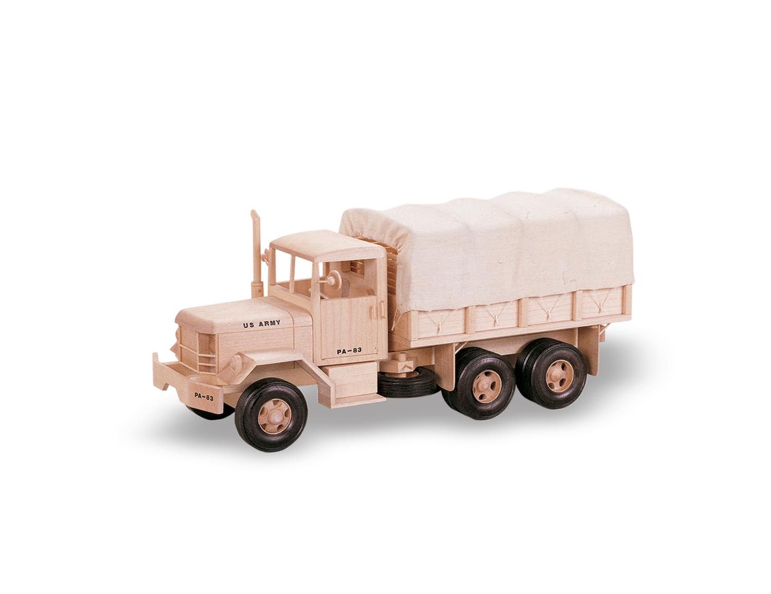 Wooden model of a beige army truck with a canvas cover on a white background.