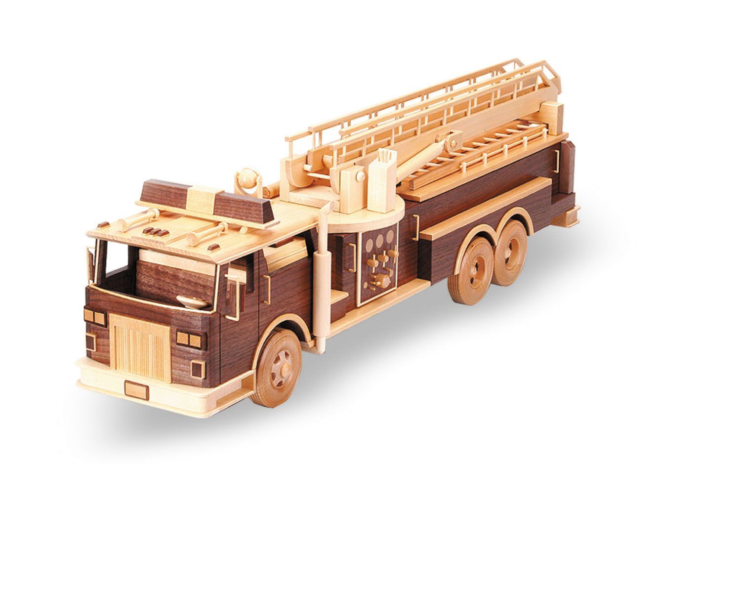Wooden fire truck model, brown and tan, with a ladder and wheels.