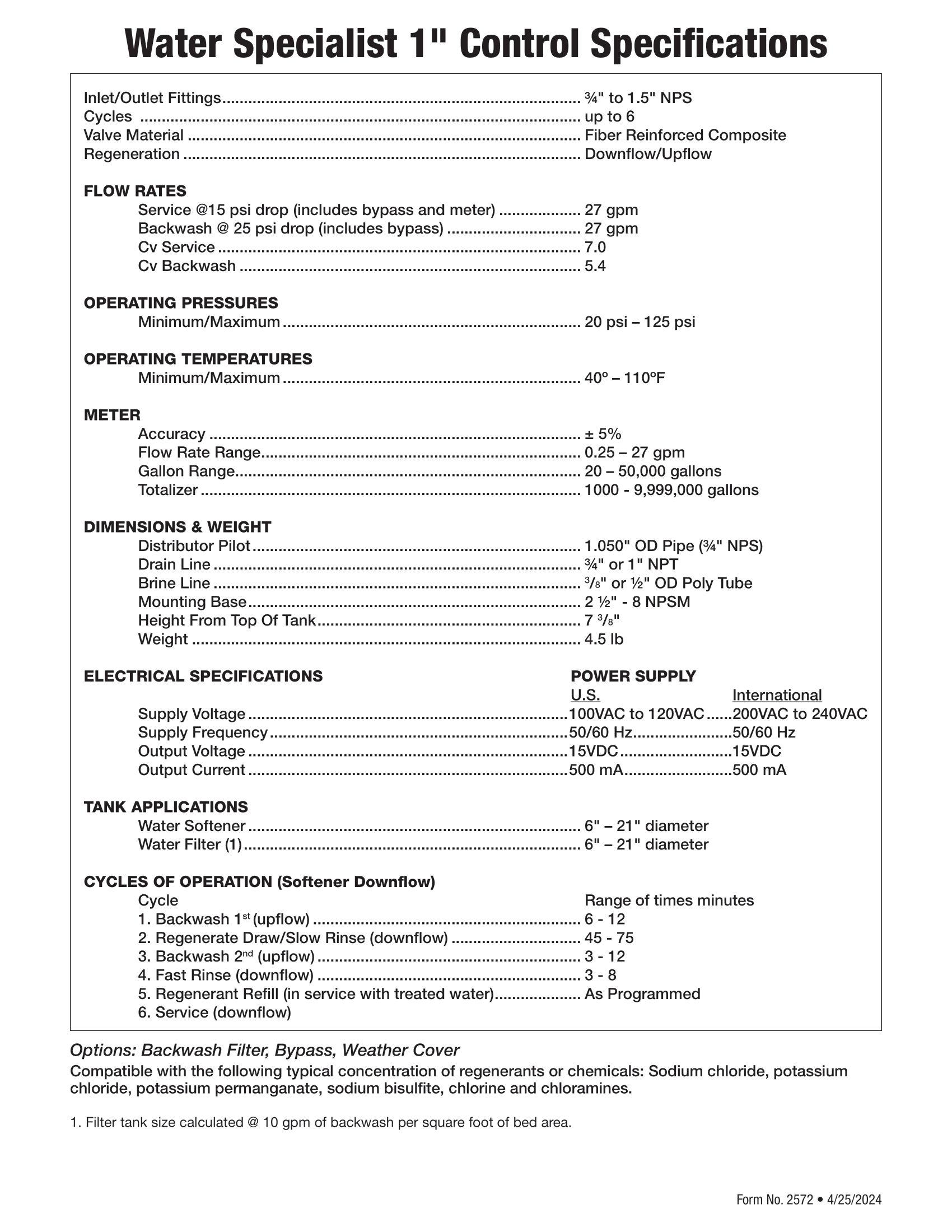 Specifications for Water Specialist 1