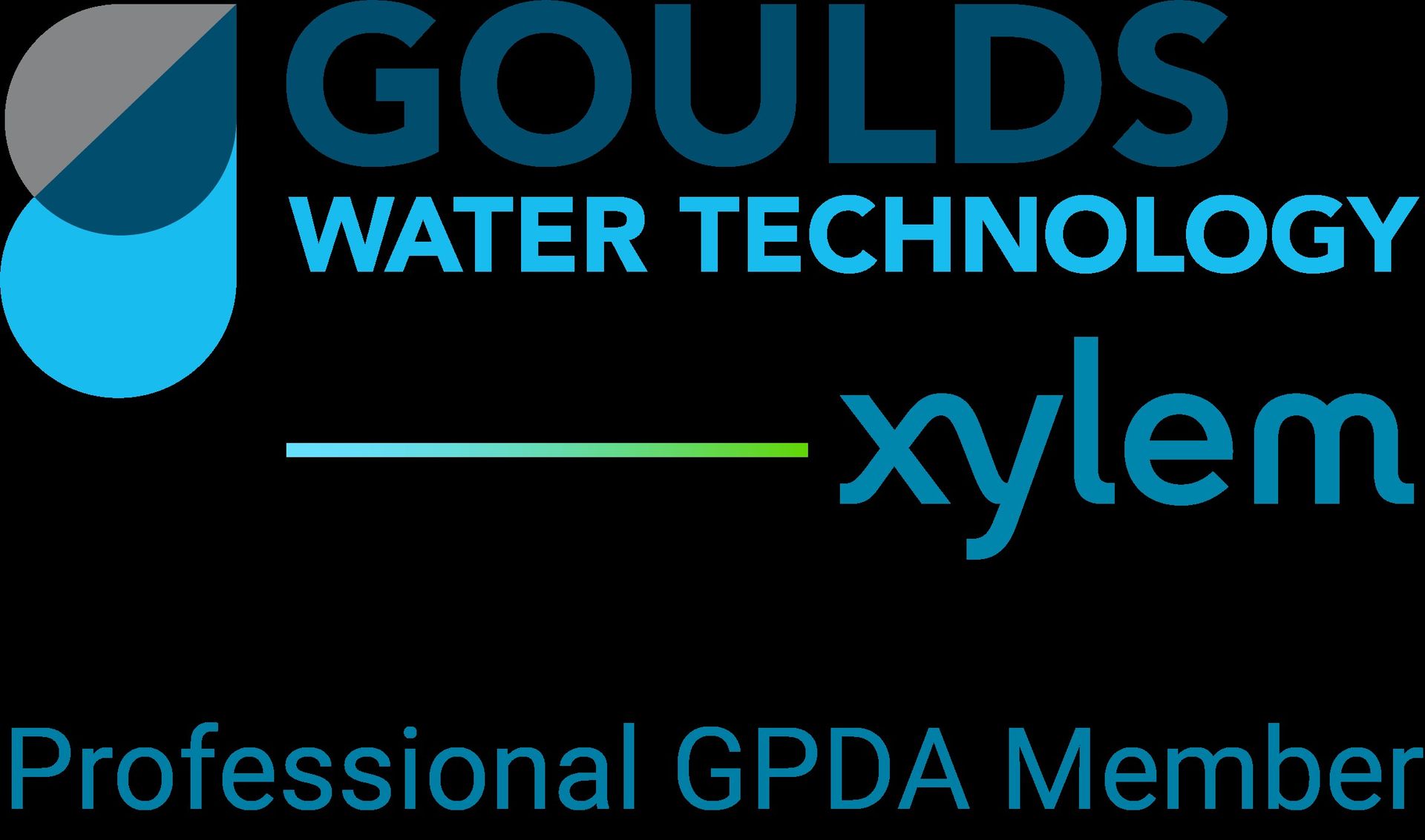 Logo for Goulds Water Technology by Xylem, a professional GPDA member, with a blue and turquoise water droplet design.