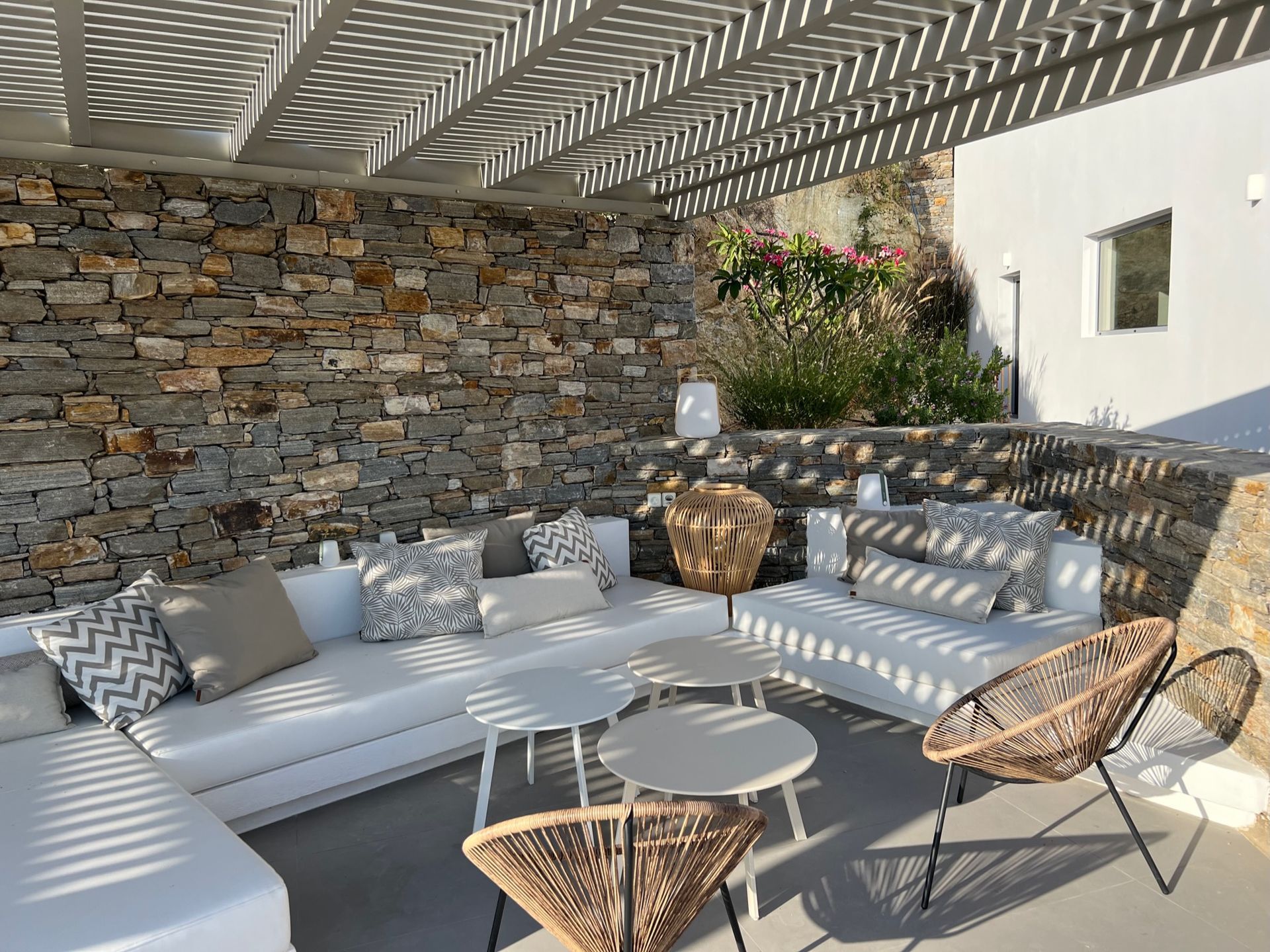 Kyparissi Villa pool area with pergola and sea view in Naxos