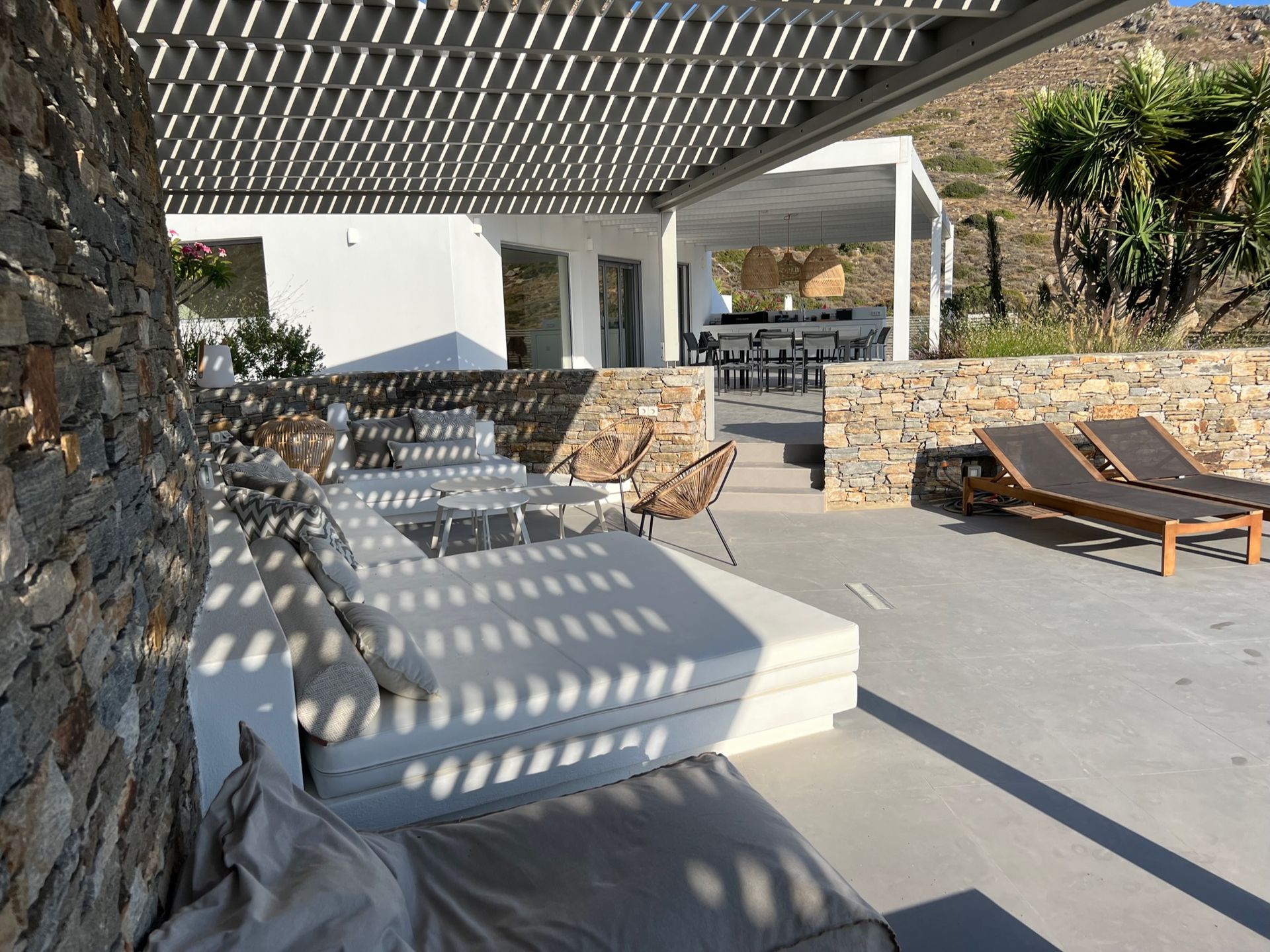 Kyparissi Villa pool area with pergola and sea view in Naxos