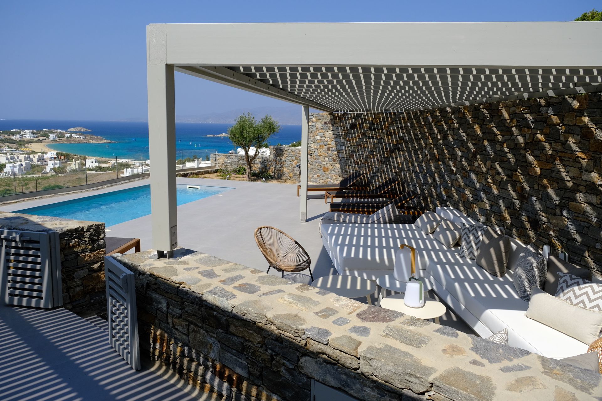 Kyparissi Villa pool area with pergola and sea view in Naxos