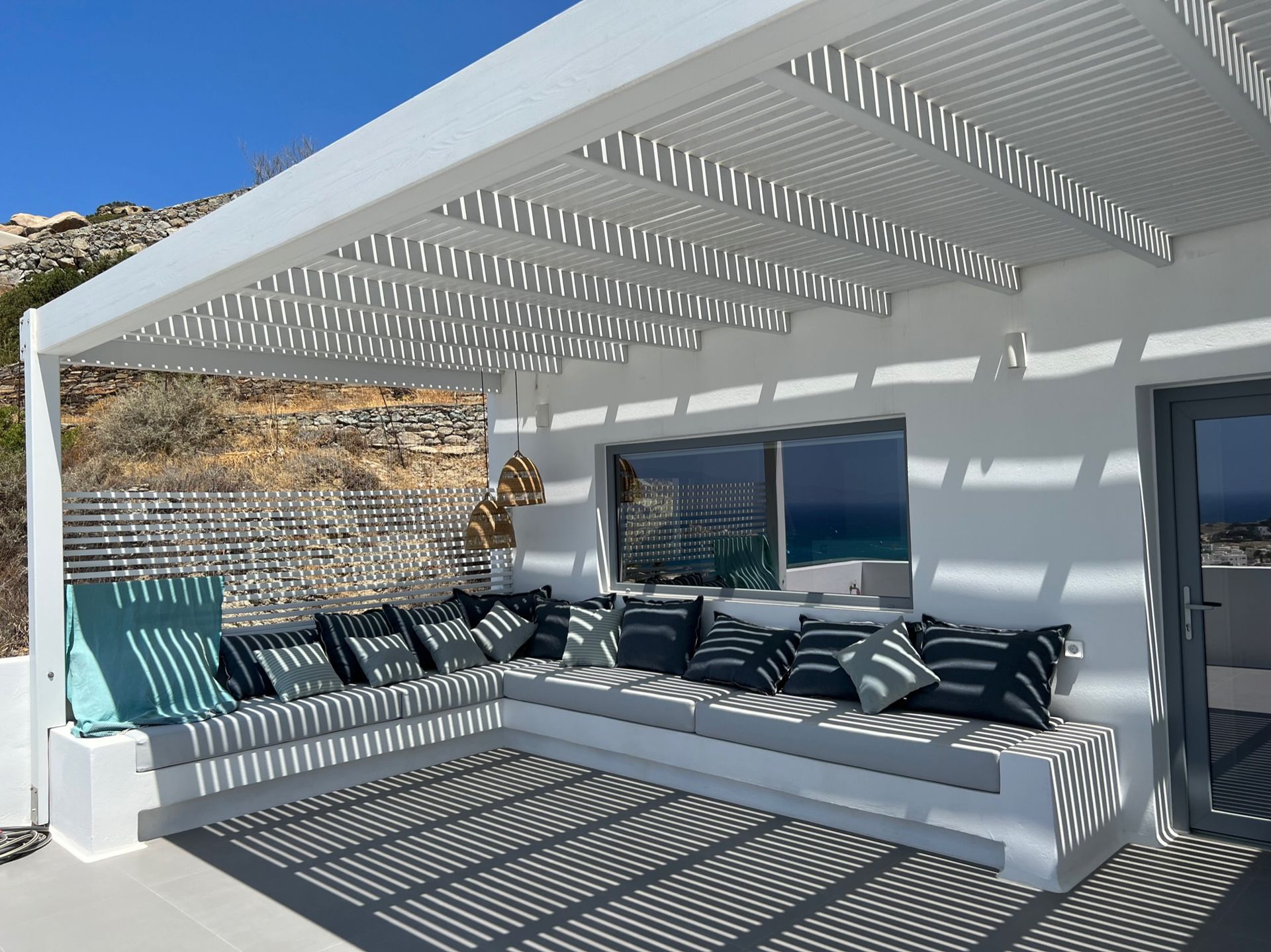 Kyparissi Villa first floor terrace with pergola and sea view in Naxos