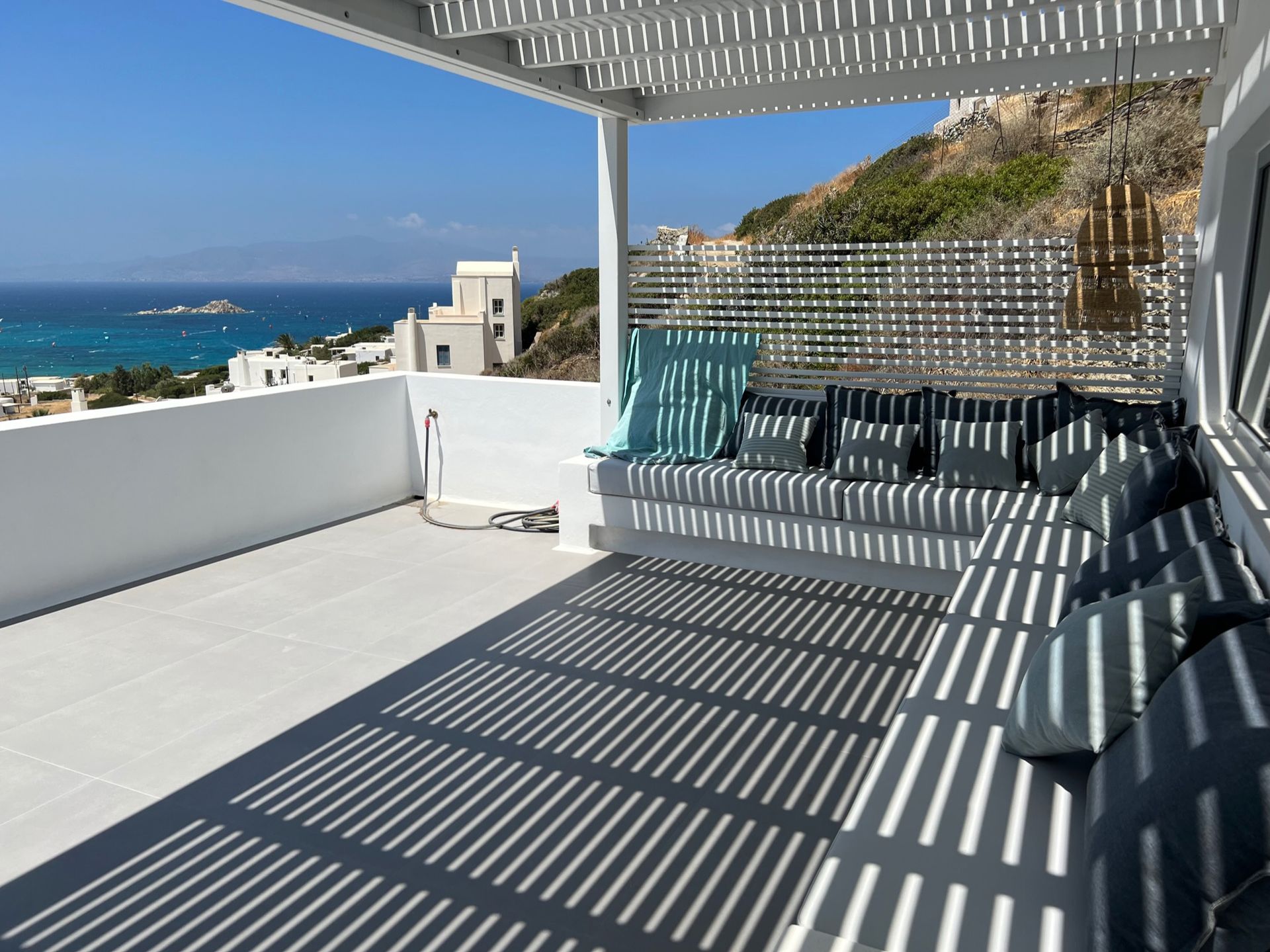 Kyparissi Villa first floor terrace with pergola and sea view in Naxos