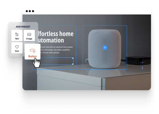 A computer screen shows a smart speaker on a table.