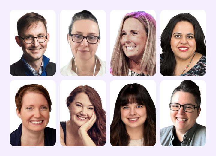 A collage of four people 's faces on a white background.