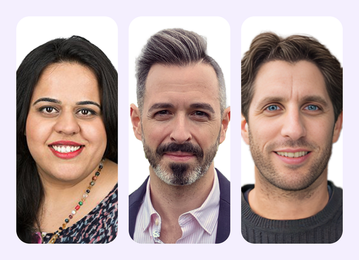 A collage of four people 's faces on a white background.