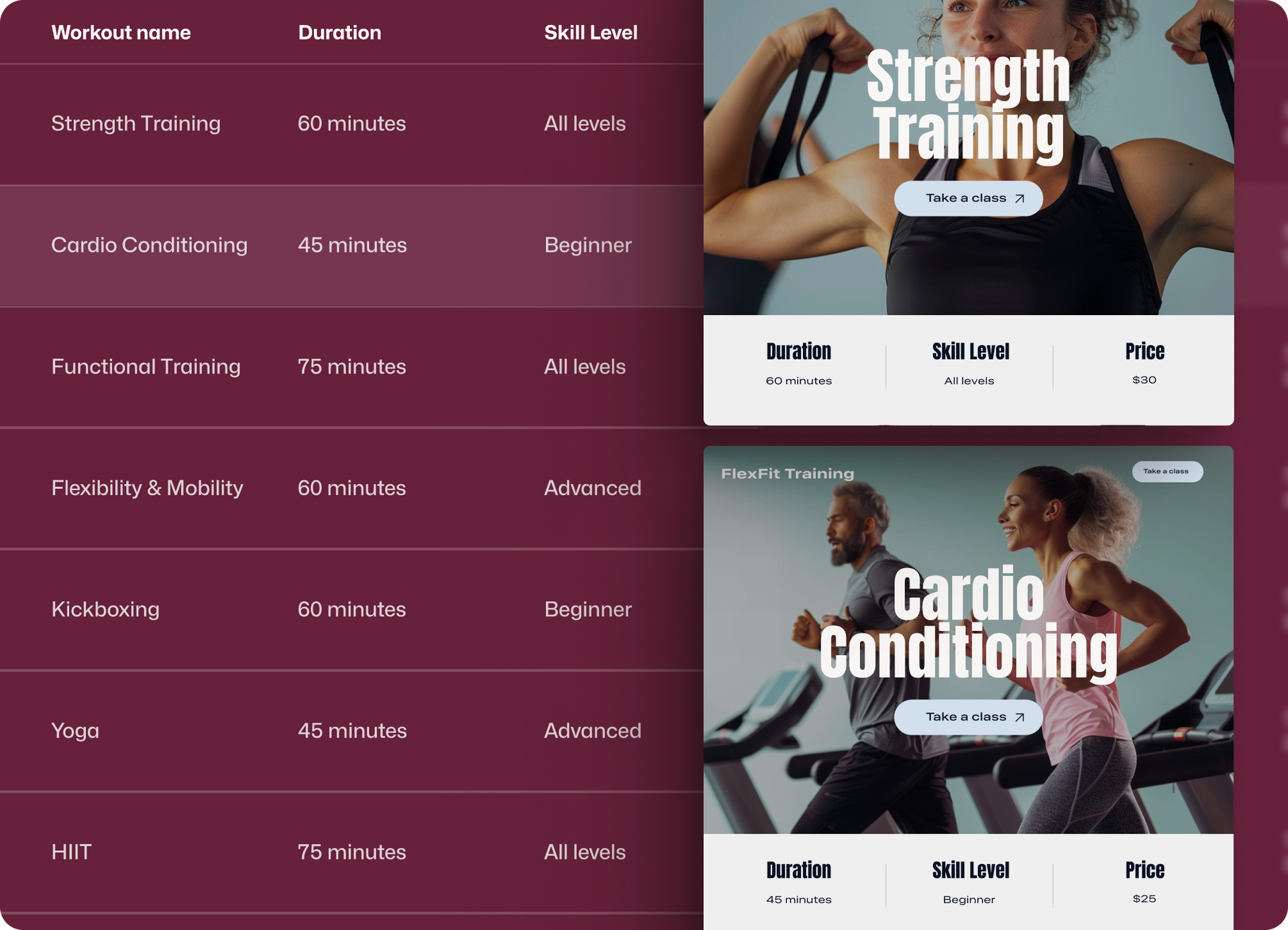 A screenshot of a website for strength training and cardio conditioning.