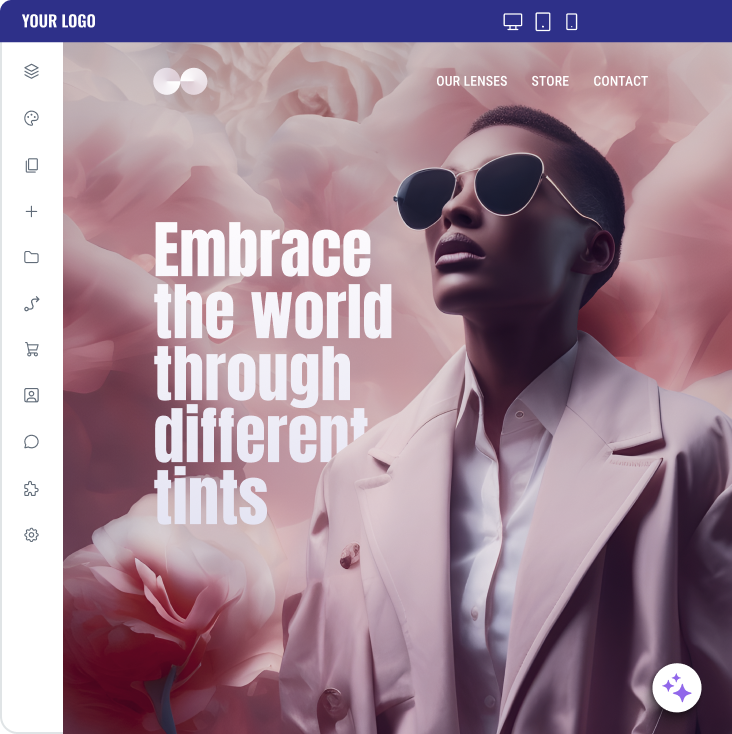 A woman wearing sunglasses and a suit is on a website that says embrace the world through different tints