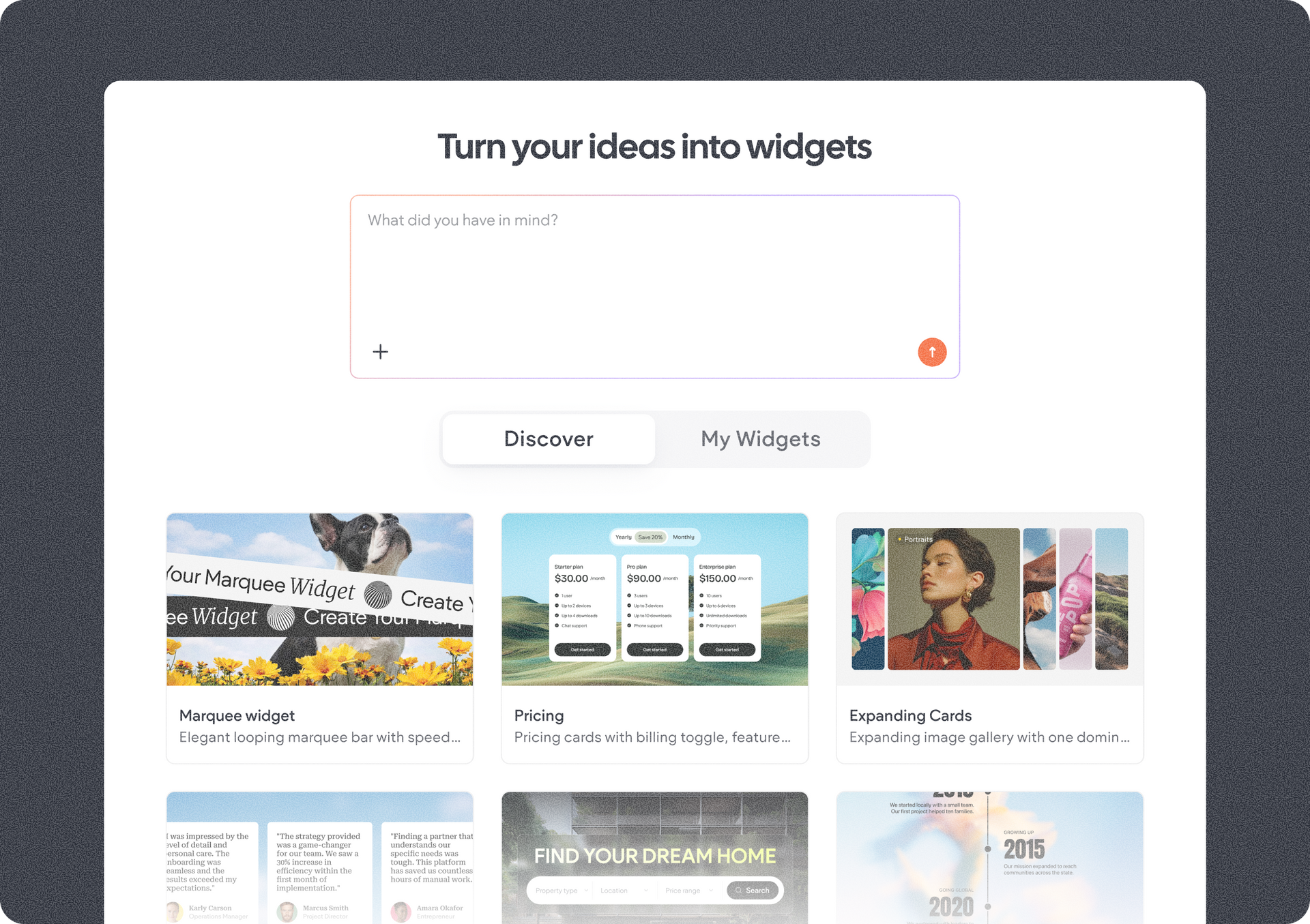 Widget creation website interface with search bar and example widgets.
