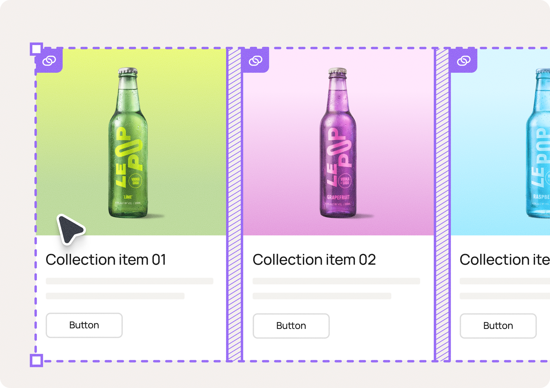 Three colorful product cards with beverage bottles and the cursor hovering over the middle one.