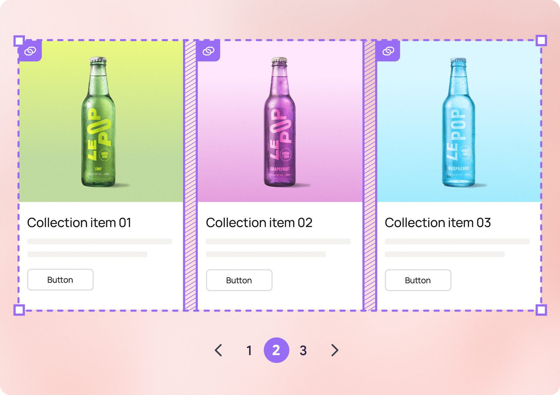 Three product cards with colorful bottles on pastel backgrounds, plus pagination controls below.