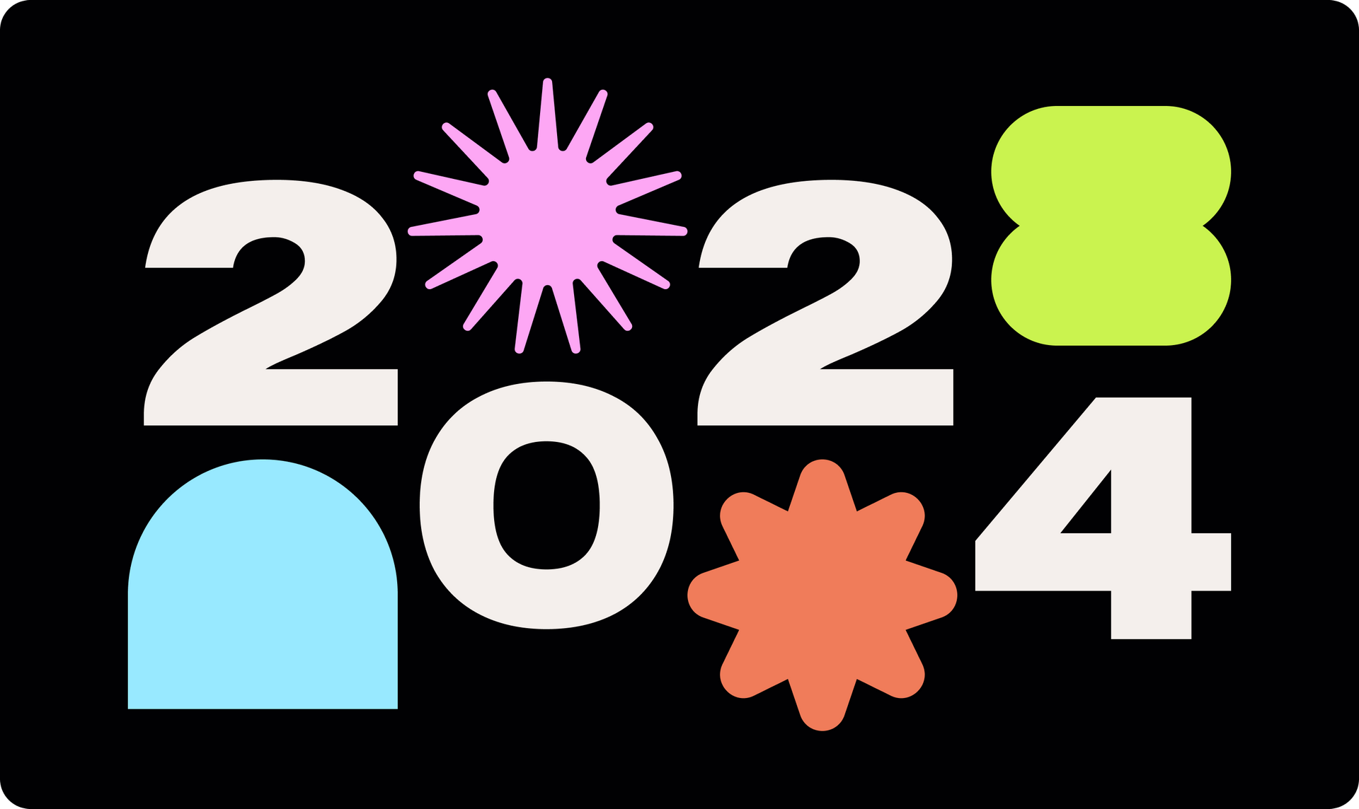 A colorful logo for the year 2024 with numbers and a star on a black background.