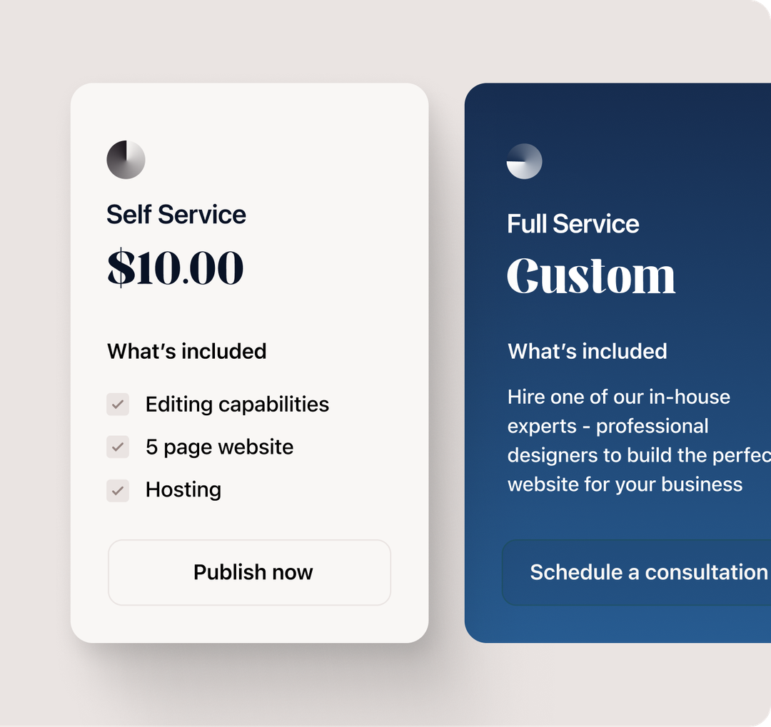 A price list for a self service and full service custom website.