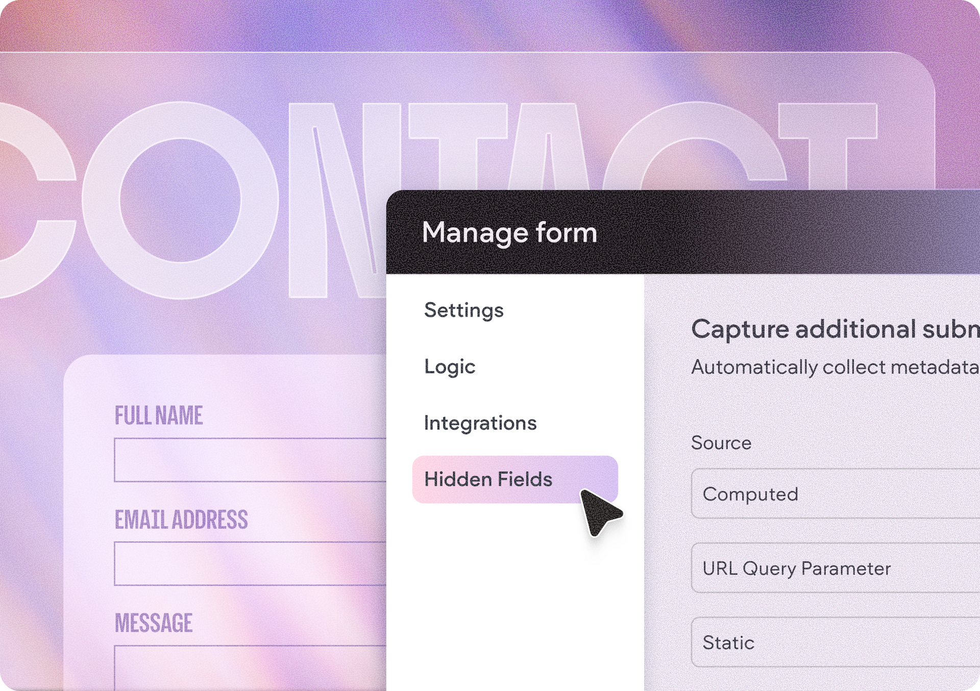 Contact form editor with “Manage form” settings menu and “Hidden Fields” selected over a pink-purple background