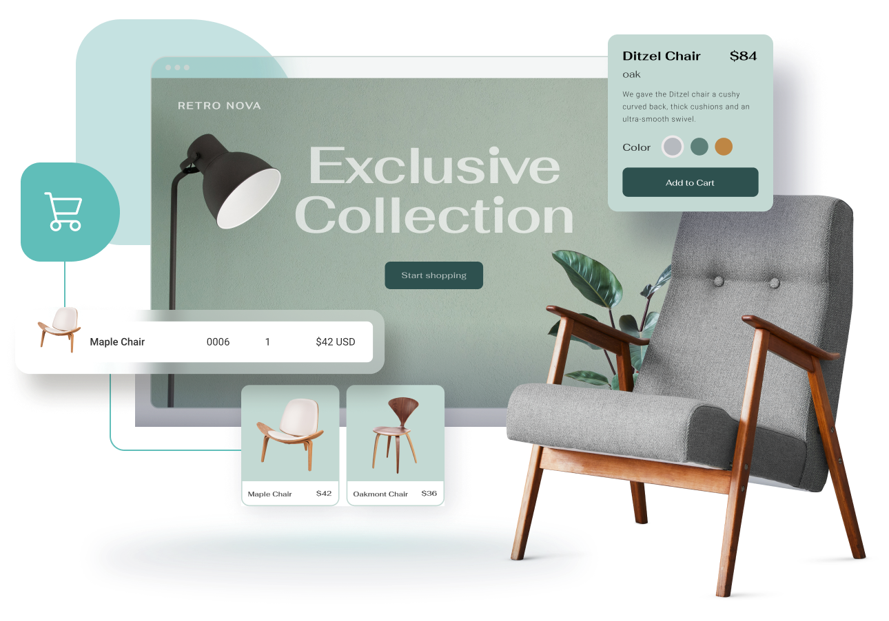 A chair is sitting in front of a computer screen that says exclusive collection.