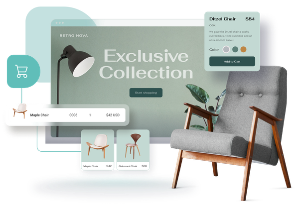 A chair is sitting in front of a computer screen that says exclusive collection.