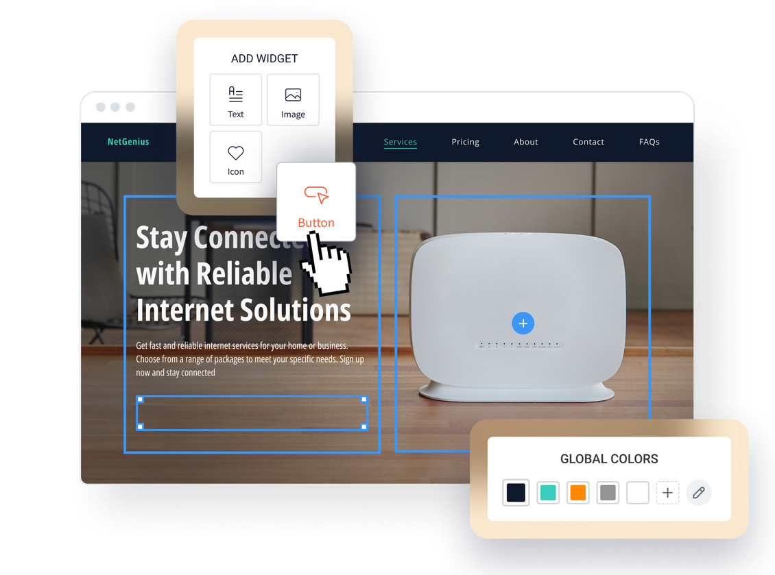 A computer screen shows a website for reliable internet solutions.